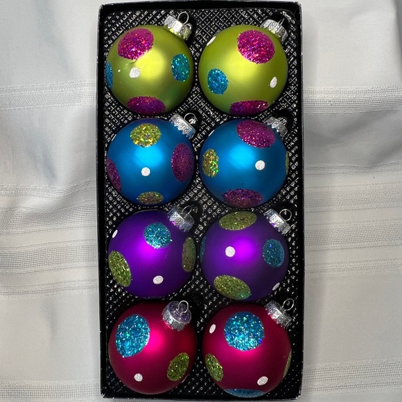 Christmas Ornaments - 16 Glass Glitter Bright Colors Polka Dots Stripes IOB - Picture 3 of 4